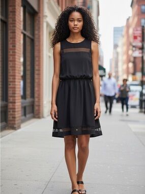 French Atmosphere Black Sleeveless Mesh-Panel Mini Dress